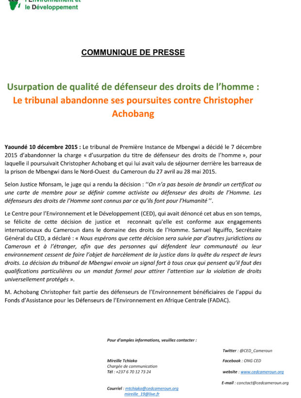 Usurpation de qualité de défenseur des droits de l’homme :  Le tribunal abandonne ses poursuites contre Christopher Achobang