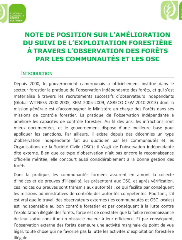 NOTE DE POSITION SUR L’AMÉLIORATION DU SUIVI DE L’EXPLOITATION FORESTIÈRE À TRAVERS L’OBSERVATION DES FORÊTS PAR LES COMMUNAUTÉS ET LES OSC