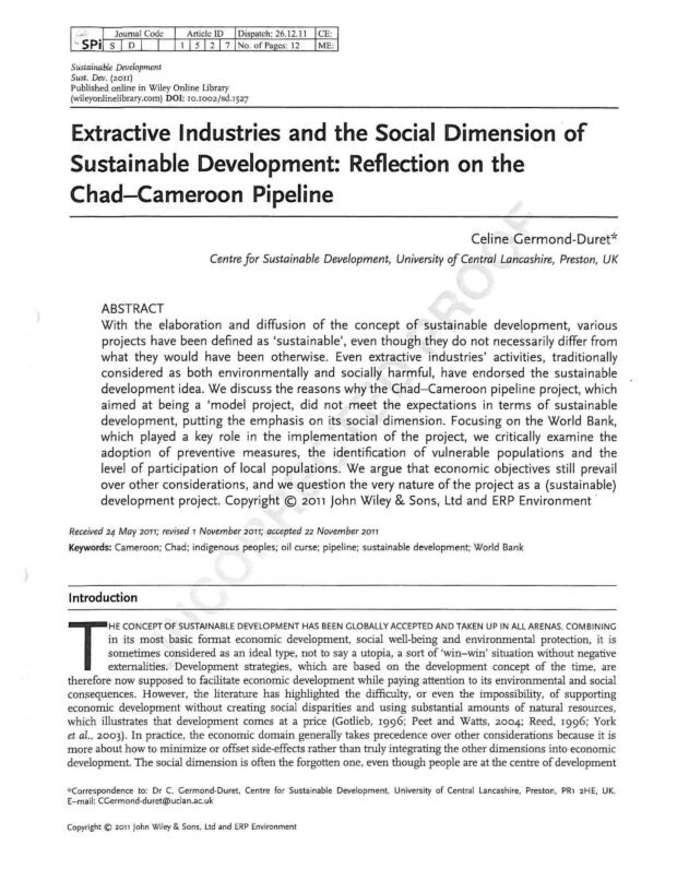 Extractive Industries and the Social Dimension of Sustainable Development: Reflection on the Chad-Cameroon Pipeline