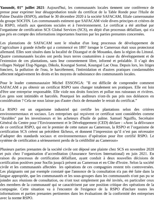 La certification RSPO de SOCFIN contestée par les communautés riveraines au Cameroun