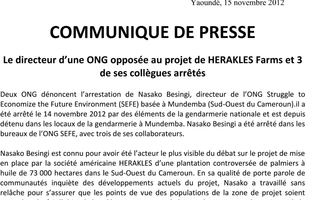 Le directeur d’une ONG opposée au projet de HERAKLES Farms et 3 de ses collègues arrêtés