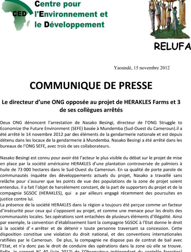 Le directeur d’une ONG opposée au projet de HERAKLES Farms et 3 de ses collègues arrêtés