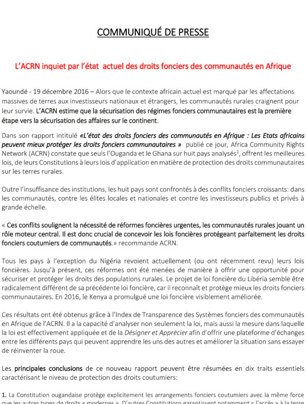 L’ACRN inquiet par l’état actuel des droits fonciers des communautés en Afrique