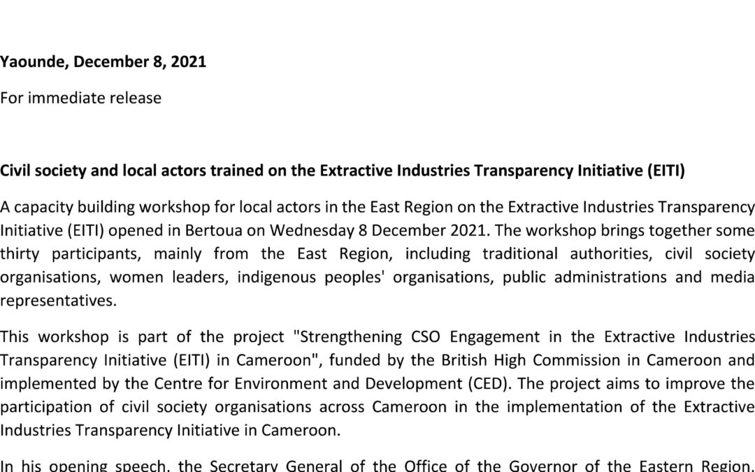 Civil society and local actors trained on the Extractive Industries Transparency Initiative (EITI)