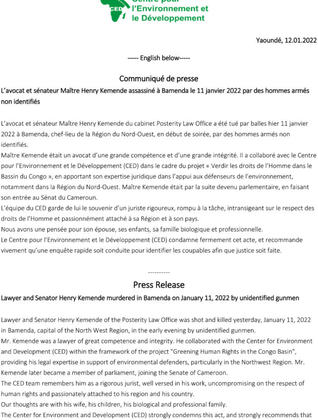 L’avocat et sénateur Maître Henry Kemende assassiné à Bamenda le 11 janvier 2022 par des hommes armésnon identifiés