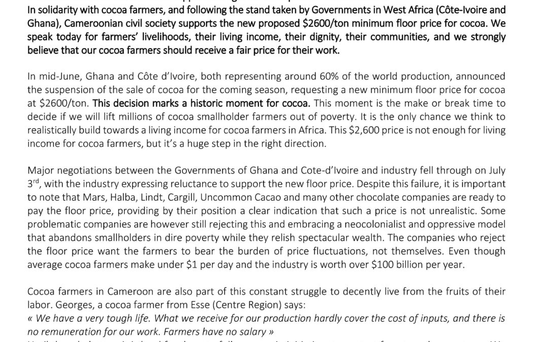 Cameroonian Civil Society Organizations and indigenous peoples’ associations askthe Government of Cameroon to support the fight for a fair price to cocoa farmers.