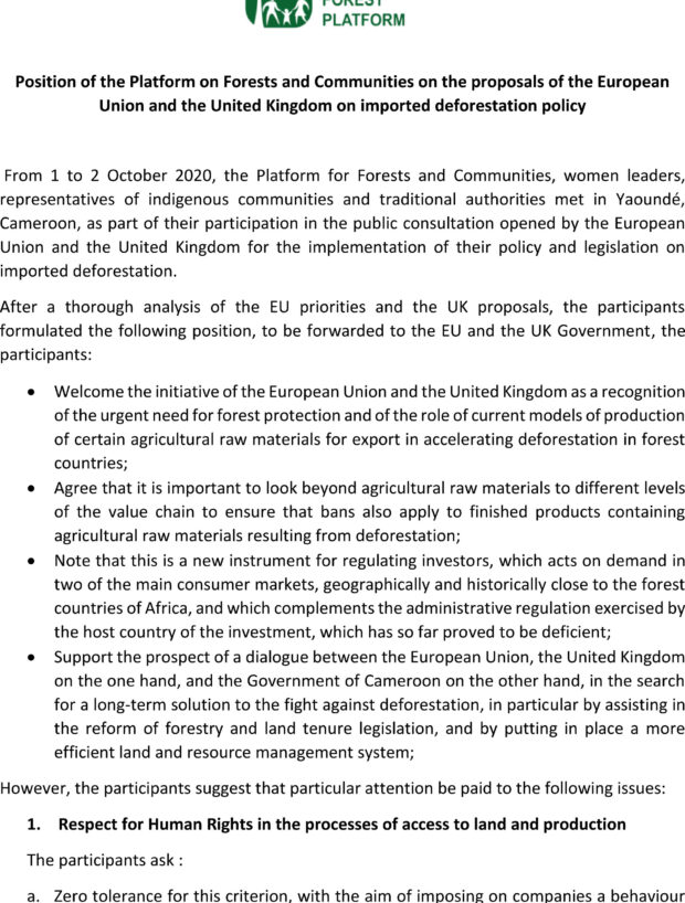 Position of the Platform on Forests and Communities on the proposals of the European Union and the United Kingdom on imported deforestation policy