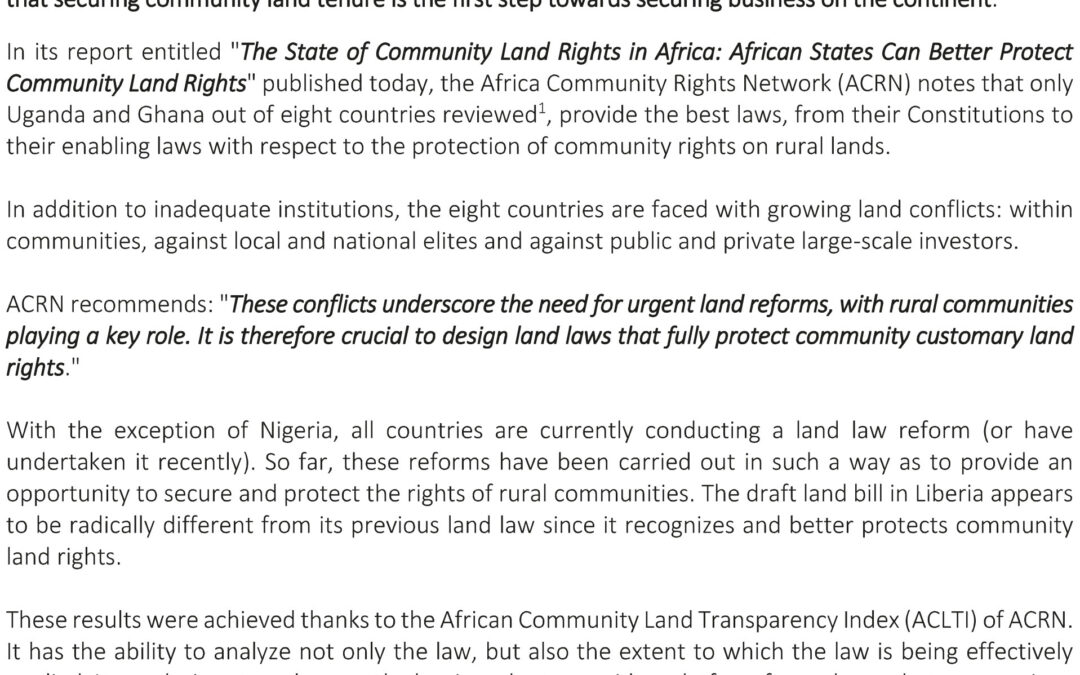 ACRN is concerned about the current state of community land rights in Africa