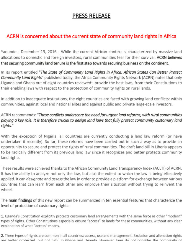 ACRN is concerned about the current state of community land rights in Africa