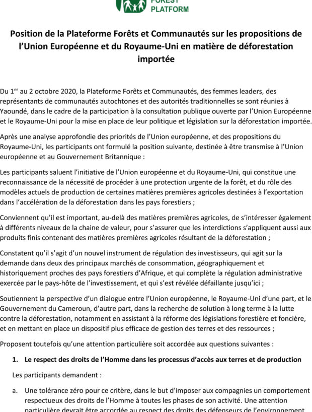 Position de la Plateforme Forêts et Communautés sur les propositions de l’Union Européenne et du Royaume-Uni en matière de déforestation importée