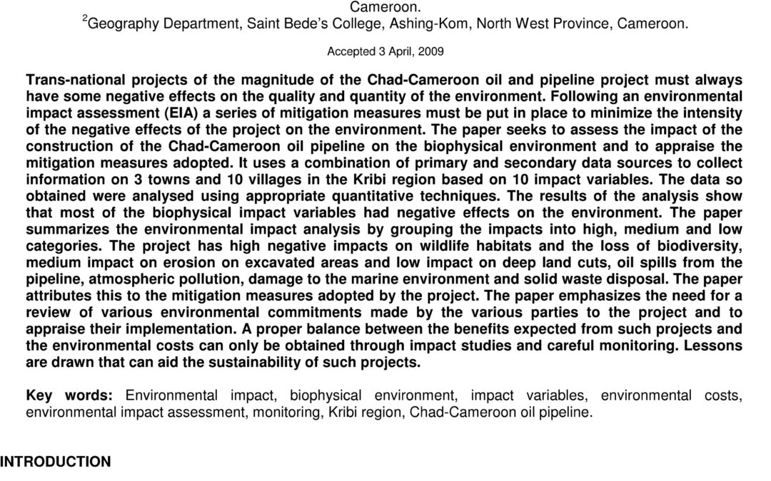 Environmental assessment of the Chad-Cameroon oiland pipeline project in the Kribi region of Cameroon