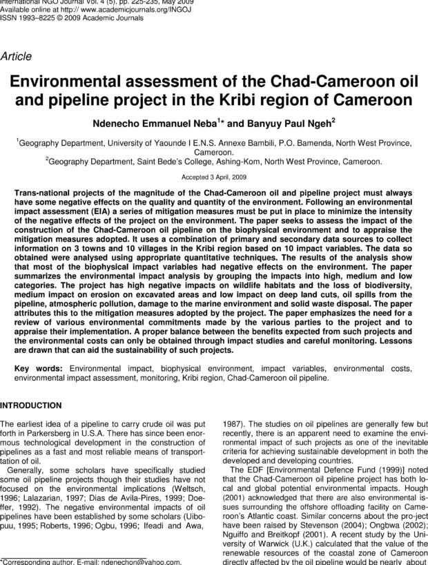 Environmental assessment of the Chad-Cameroon oiland pipeline project in the Kribi region of Cameroon